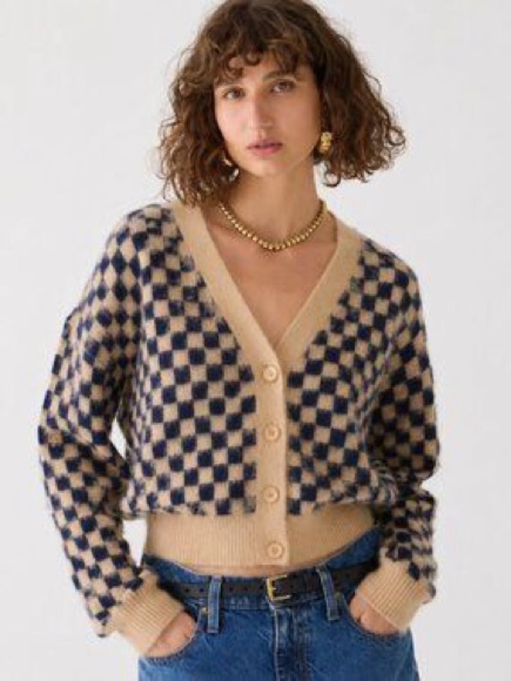 J.Crew Checkered V-neck Cardigan Sweater in Brushed Yarn